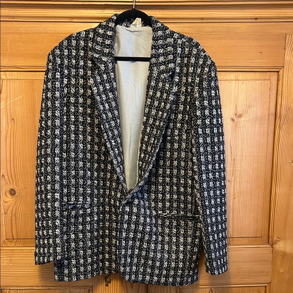 VTG 80s Black & White Textured Sport Coat Blazer Jacket Checkered Houndstooth 46